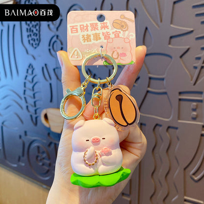 Buddha style pig keychain pendant creative merit+1 resin figurine exquisite backpack decoration for women and men