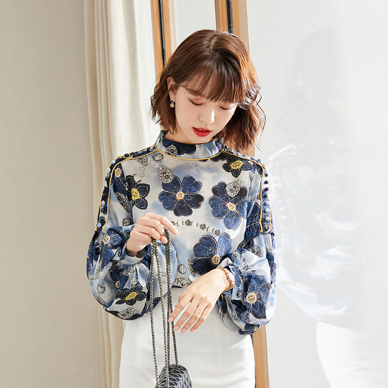 Women's Lantern Sleeves Floral Chiffon Blouse