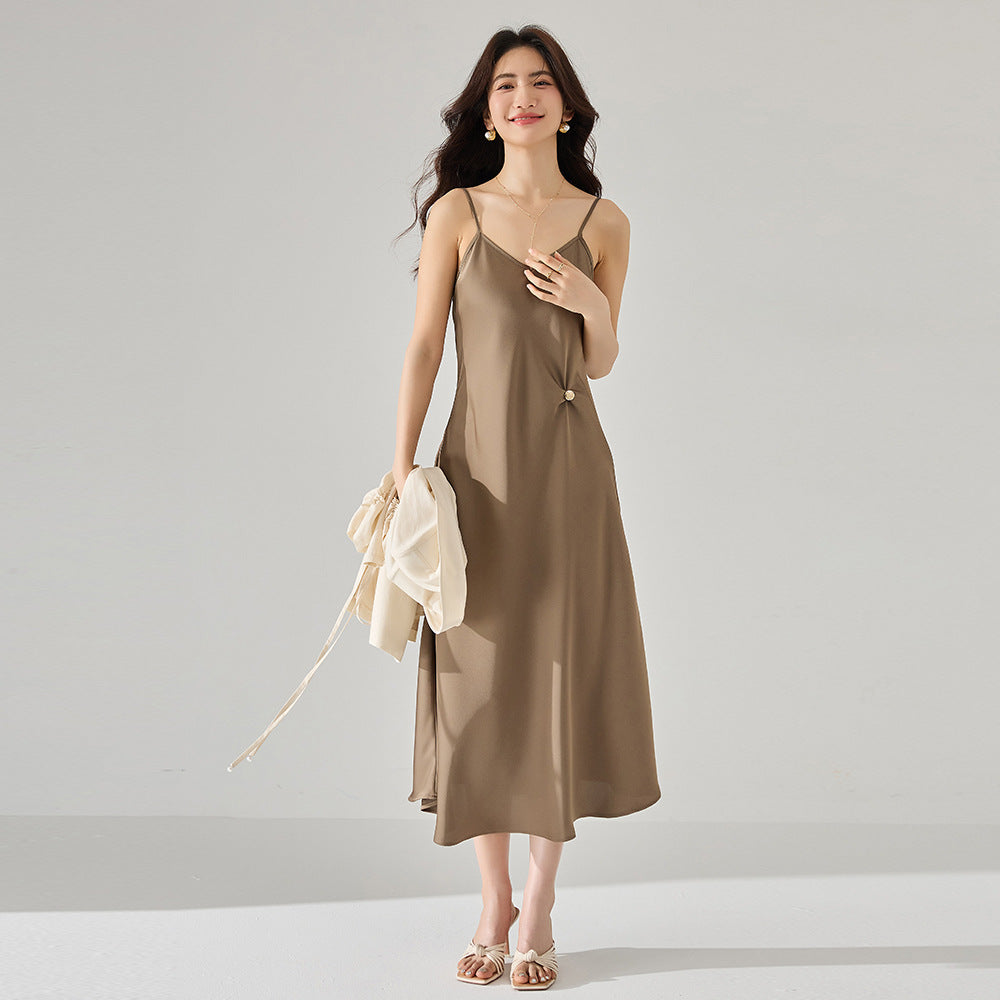 Chic French Satin Cinched-Waist Slip Dress