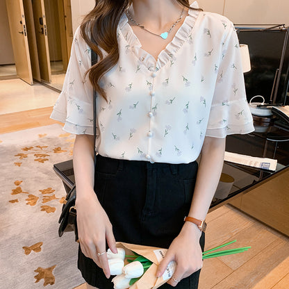 Women's Korean Style V-Neck Floral Retro Short Sleeve Chiffon Blouse