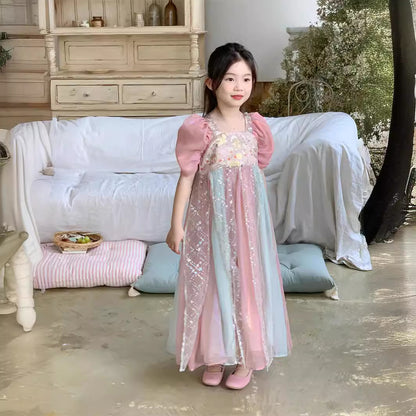 中国汉服亮片网纱泡泡袖公主裙