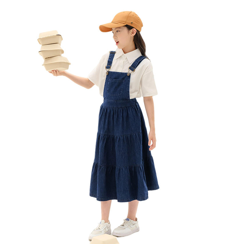 Girls' Japanese Style Shirt and Denim Suspender Dress Two Pieces Set