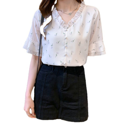 Women's Korean Style V-Neck Floral Retro Short Sleeve Chiffon Blouse