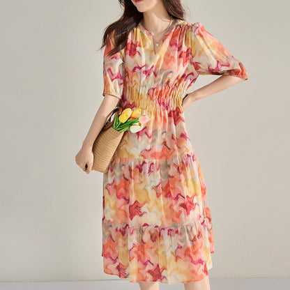 Dreamy Watercolor French Cinched Floral Midi Dress