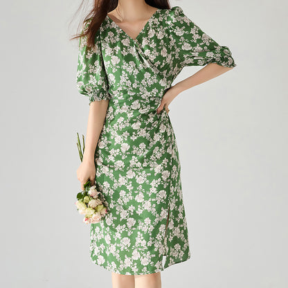 French Green Ruched Floral Wrap Midi Dress