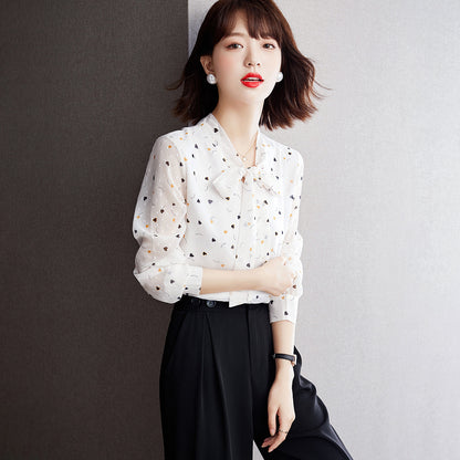 Women's Floral Bow Long Sleeve Chiffon Blouse