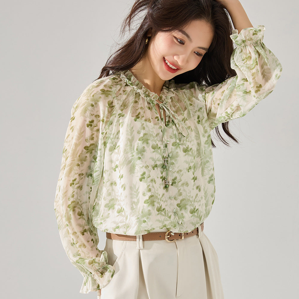 Green Floral Cottage Chiffon Blouse