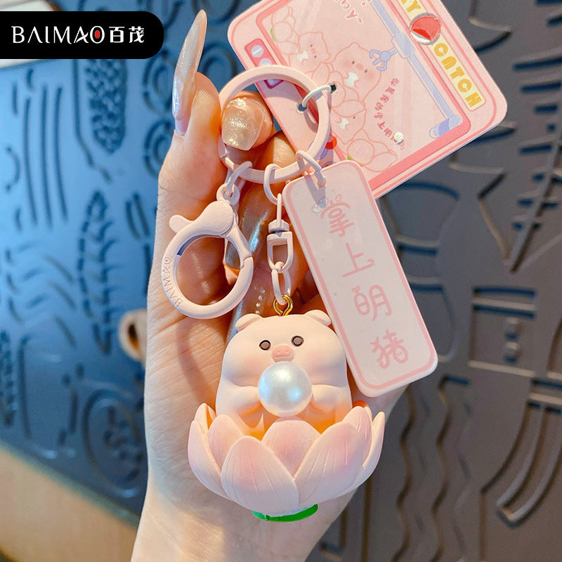 Palm Pearl Keychain Cute and Exquisite Resin Pig Doll Keychain Couple Bag Pendant