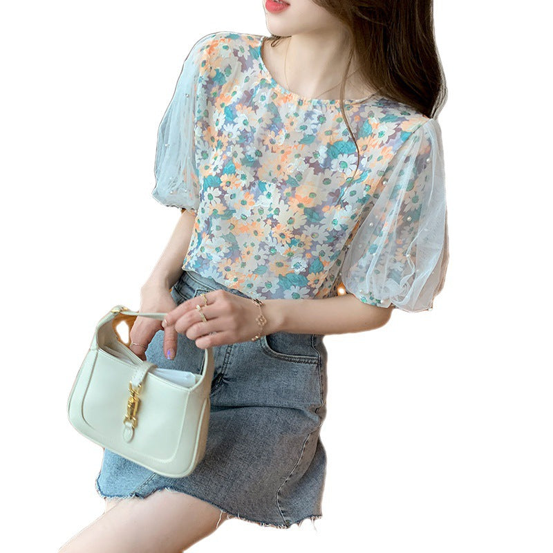 Women's Beaded Mesh Puff Sleeves Floral Top