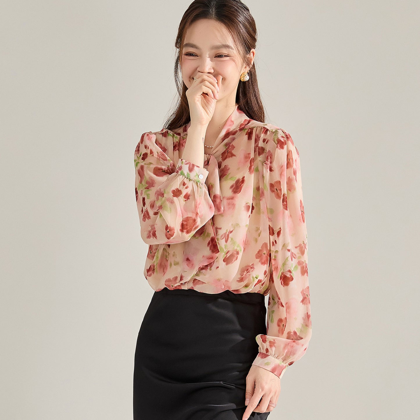 Whimsical Floral Tie-Neck Chiffon Blouse