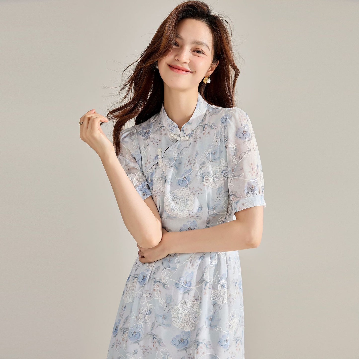 Heritage Charm Floral Qipao Midi Dress