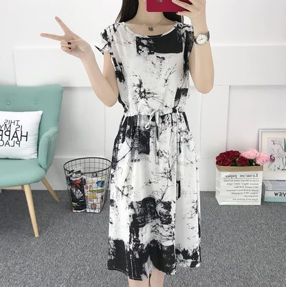 Women's Floral Cotton Silk Drawstring Short Sleeves Dress