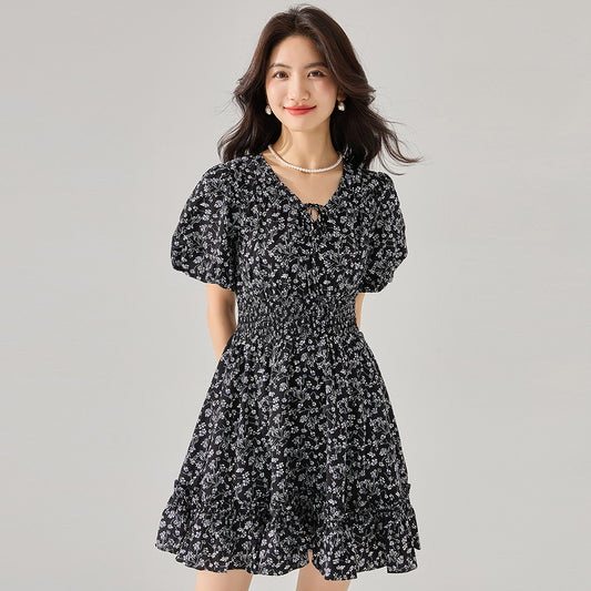 Chic Black French Ruffle Floral Dress