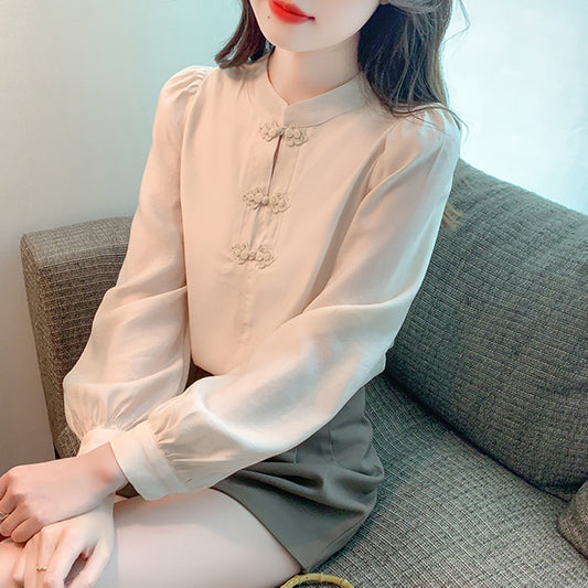 Women's New Chinese Retro Buttoned Long-Sleeve Blouse with Puff Sleeves