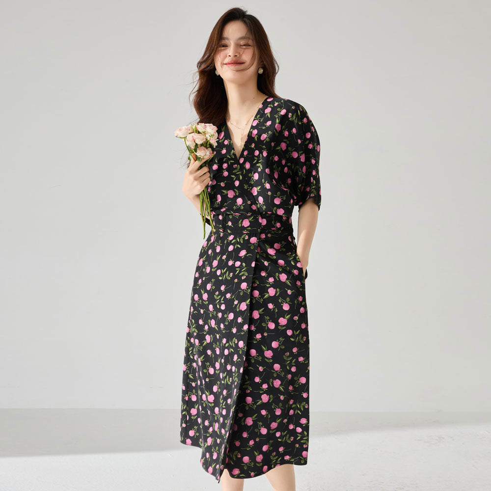 Vintage Elegance Floral Wrap Midi Dress