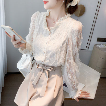 French Style Lace V-Neck Fairy Long Sleeve Blouse