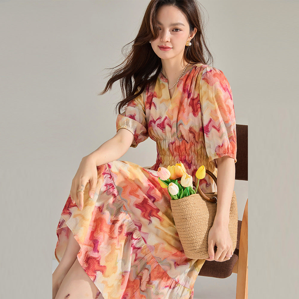 Dreamy Watercolor French Cinched Floral Midi Dress