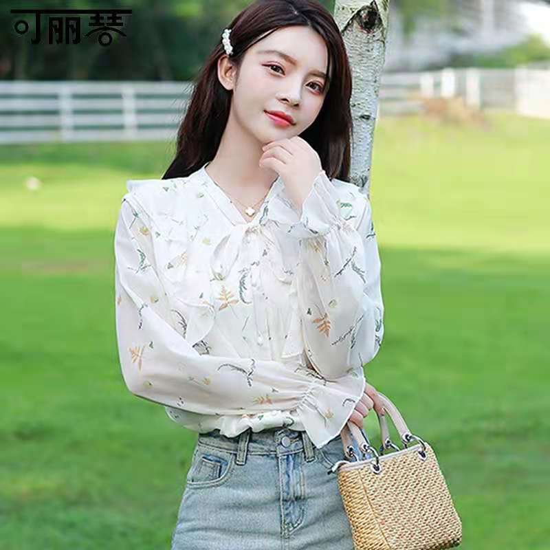 Elegant Women's Korean Style Bowknot Floral Long Sleeve Chiffon Blouse