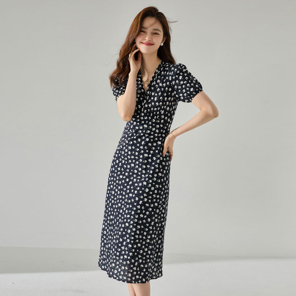 Retro Floral Ruched Midi Dress