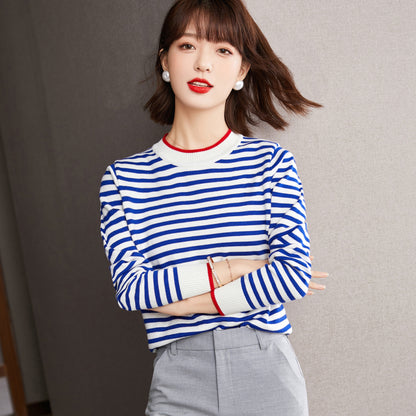 Chic Women's Long Sleeve Striped Knitted T-Shirt