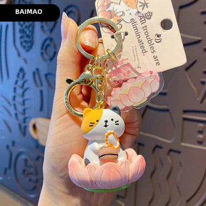 Buddha style Good Luck Lotus Lotus Series Wooden Fish Three Flower Cat Pig Pig Keychain Exquisite Resin Doll Keychain Ring