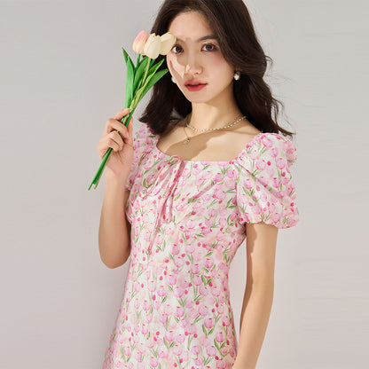 Elegant Floral Puff Sleeve Midi Dress