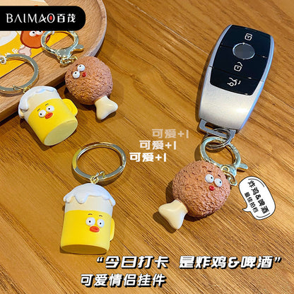 Couple's Chicken Beer Keychain Cute and Exquisite Resin Doll Keychain Pendant Gift