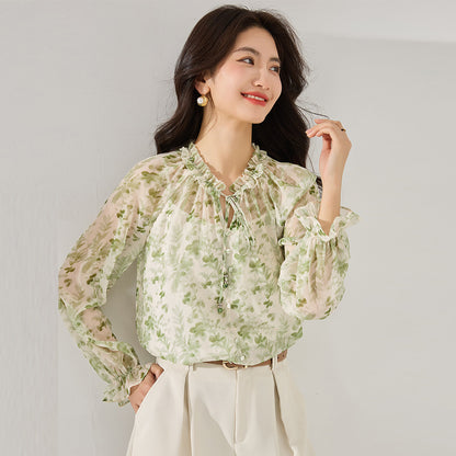 Green Floral Cottage Chiffon Blouse