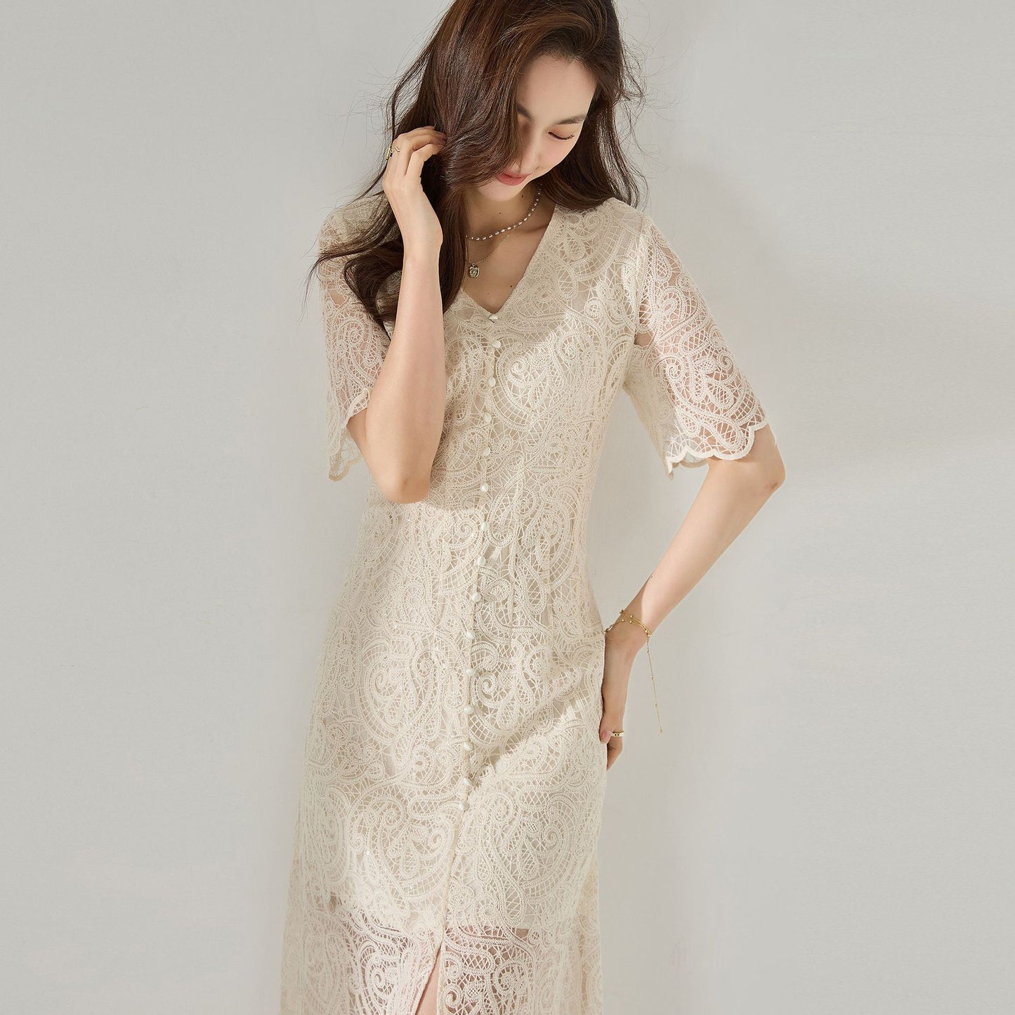 Elegant Ivory Lace Cinched Waist Dress