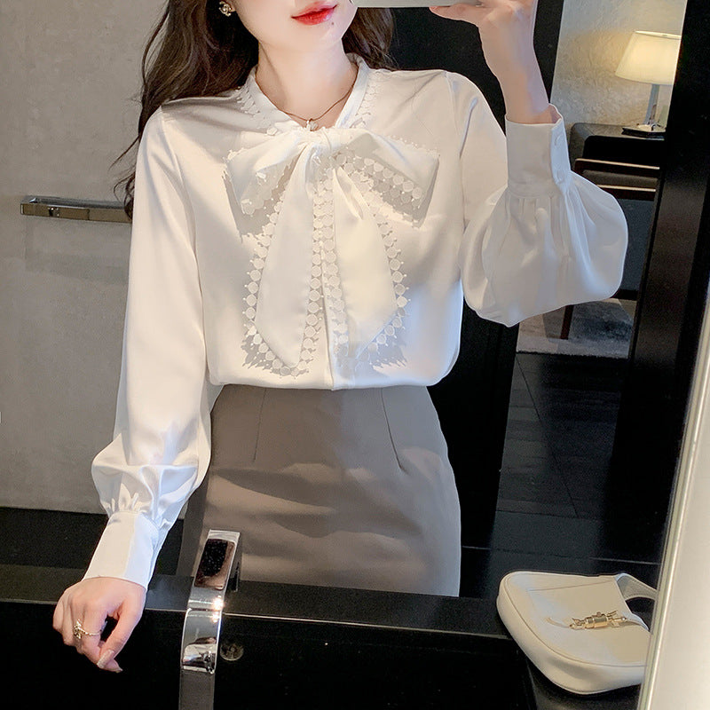 Women's Bowknot Chiffon Long Sleeve Lace Blouse