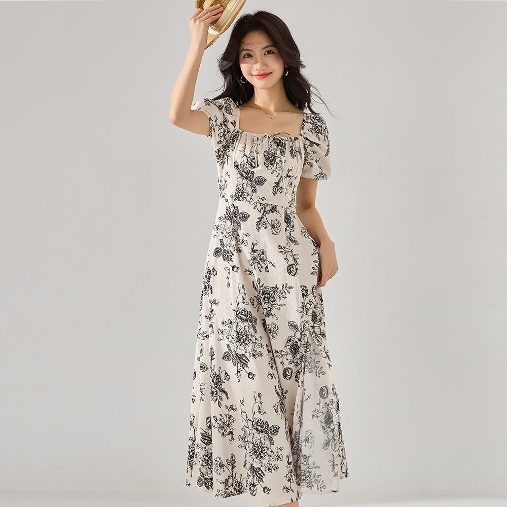 Retro Puff Sleeve Drawstring Floral Midi Dress