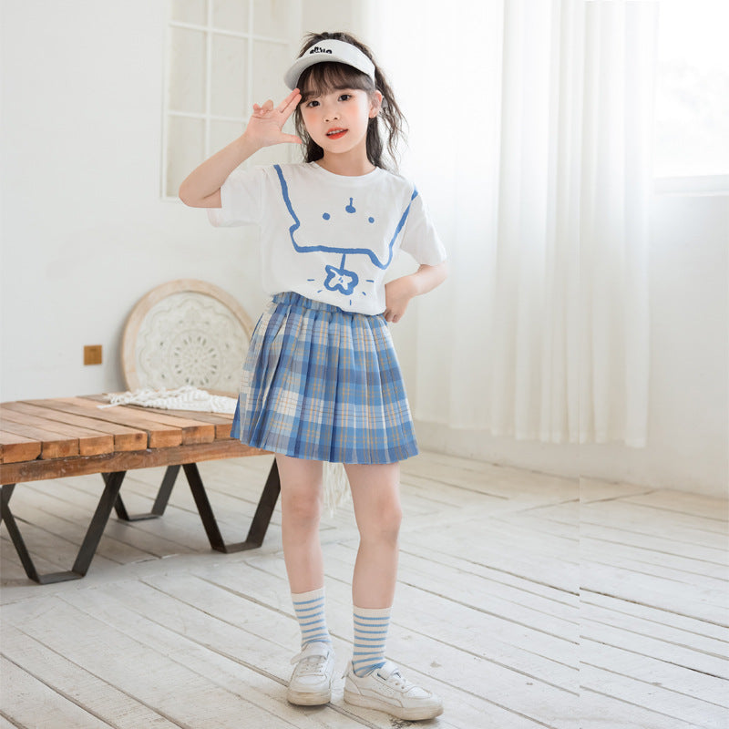 Girls' Short Sleeve Tee with Pleated Plaid Skirt Two Pieces Set
