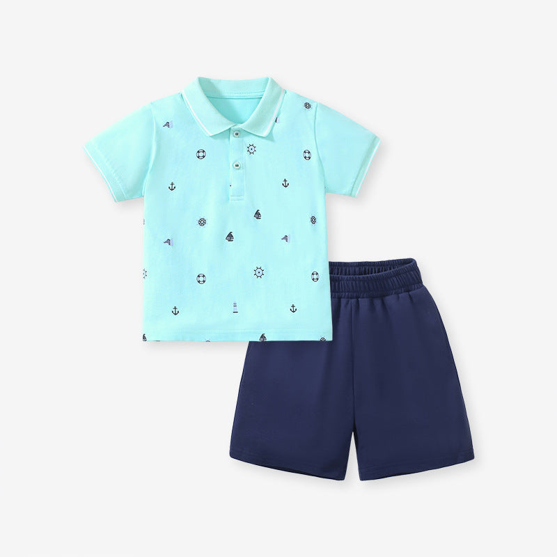 Boys' Turn-down Collar Top and Shorts Two-Piece Set