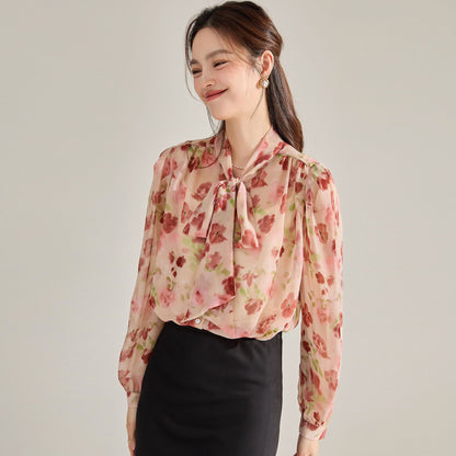 Whimsical Floral Tie-Neck Chiffon Blouse