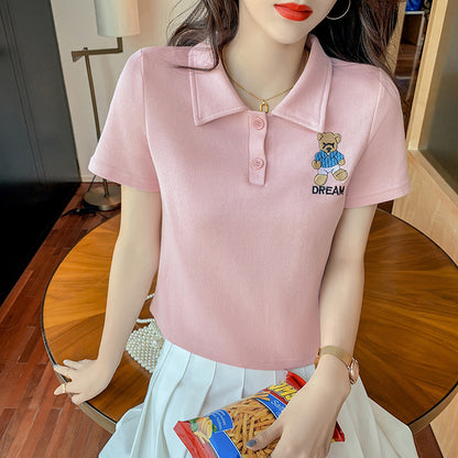 Women's Polo Collar Bear High-Waist Short Sleeve T-Shirt