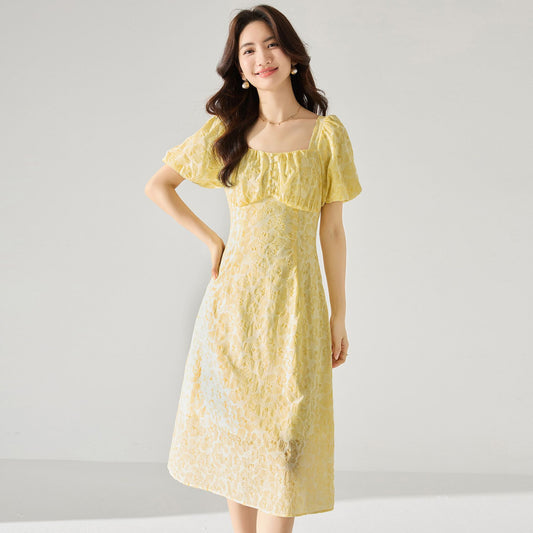 Elegant French Yellow Textured Square-Neck Floral Dress