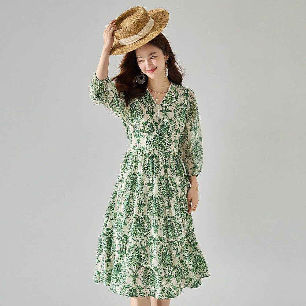 Breezy French Floral Elastic Waist Dress