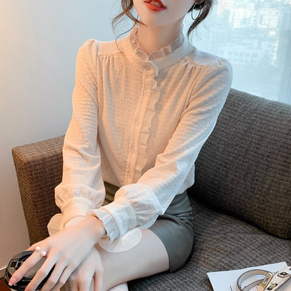 Women's French Style Stand Collar Long Sleeve Chiffon Blouse