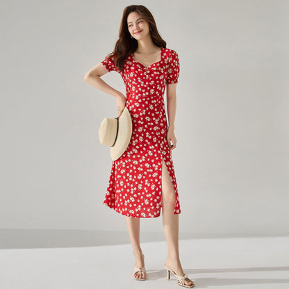 Elegant French Red Floral Slit Puff Sleeve Midi Dress