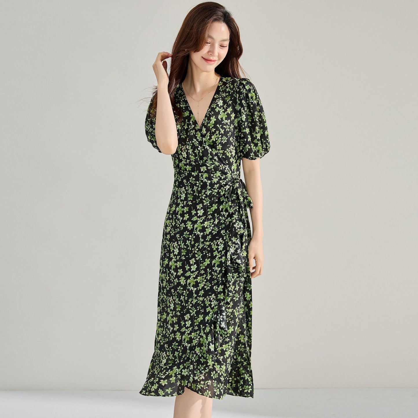 French Chic Side-Tie Puff Sleeve Wrap Dress