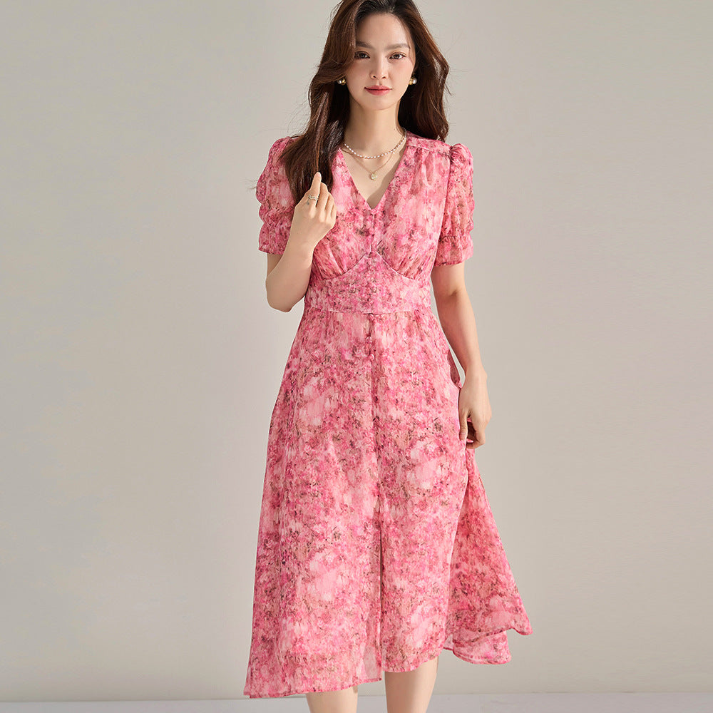 Chic French Pink Chiffon Slit Floral Midi Dress