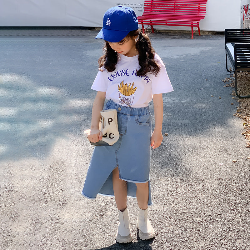 Girls' Korean Style T-shirt and Denim Skirt Two Pieces Set