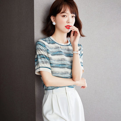 Women's Loose Chiffon Top with Gradient Stripes and Short Sleeves