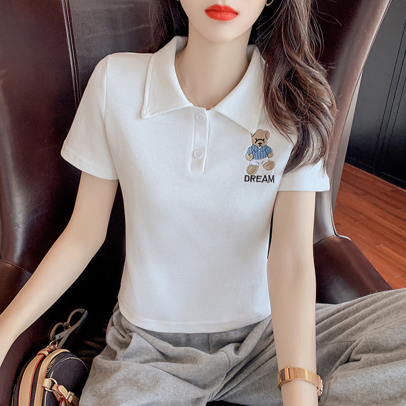 Women's Polo Collar Bear High-Waist Short Sleeve T-Shirt