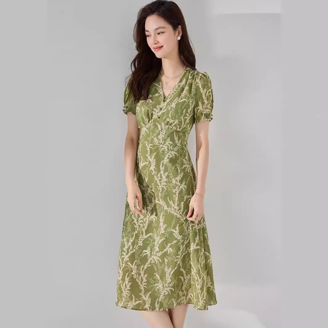 Elegant Avocado Green Floral V-Neck Midi Dress