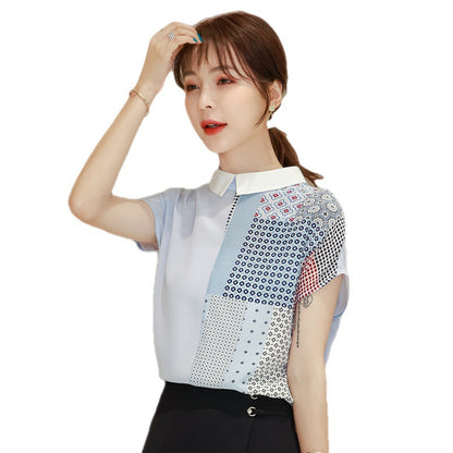 Women's Korean Style Loose Short Sleeve Doll Collar Contrast Color Chiffon Blouse