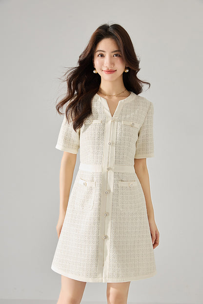 Graceful High-Waist Sparkle Tweed Dress