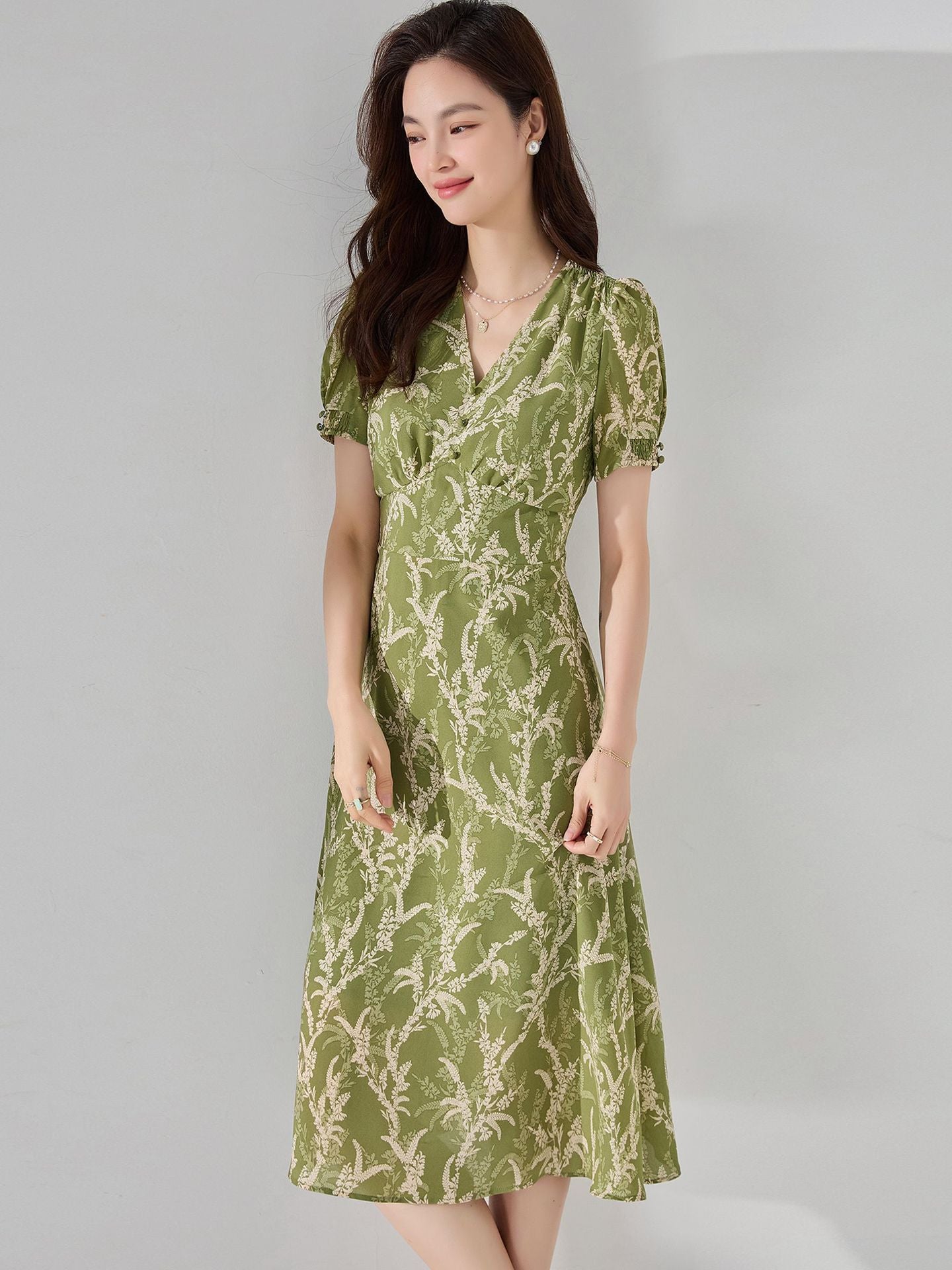 Elegant Avocado Green Floral V-Neck Midi Dress