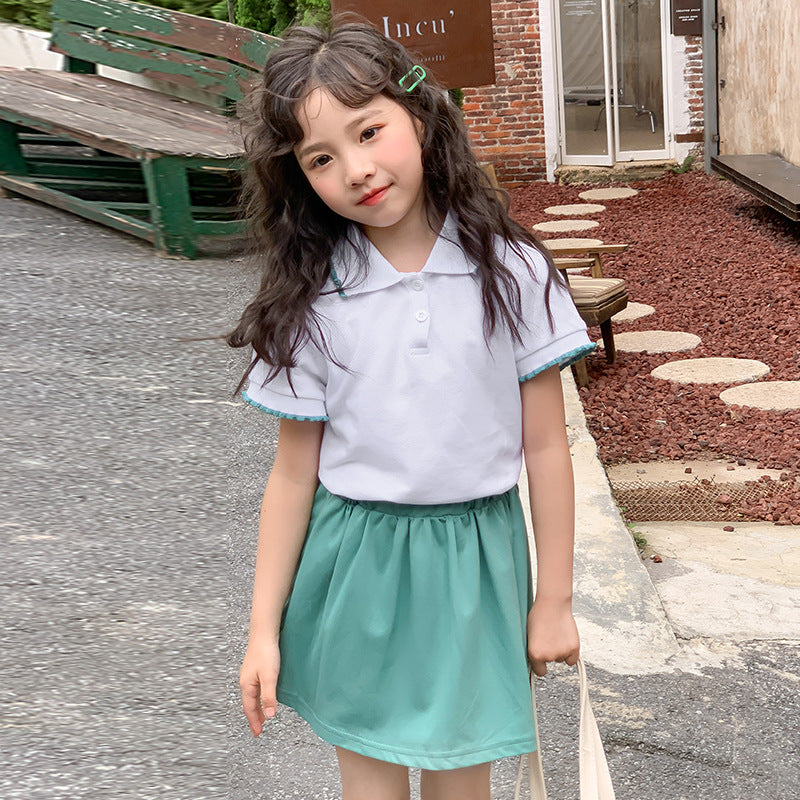 Girls' Korean Style Polo Shirt + Half Skirt Set