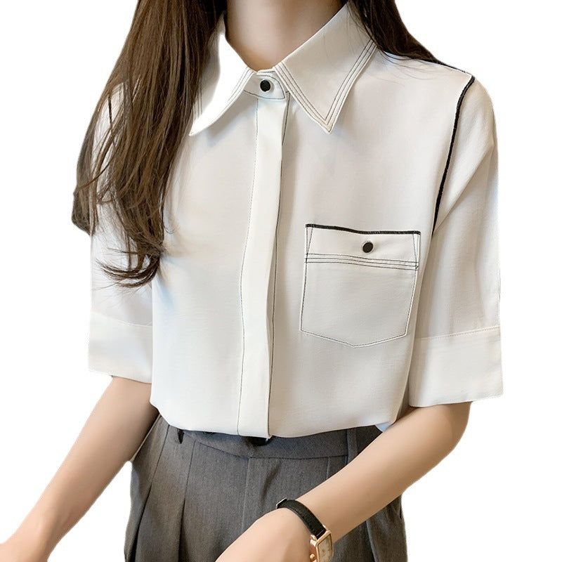 Women's White Short Sleeves Chiffon Blouse